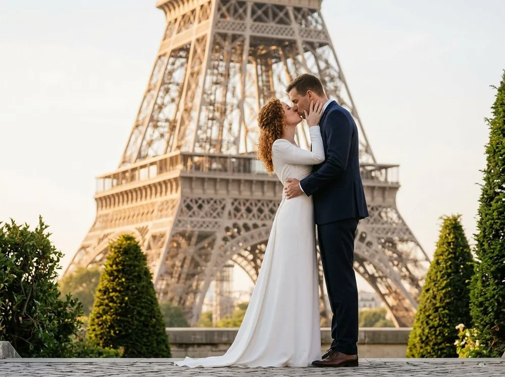 Recién casados frente a la Torre Eiffel